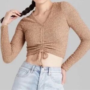 Wild Fable Women's Long Sleeve V-Neck Ruched Front Fitted Knit Sweater